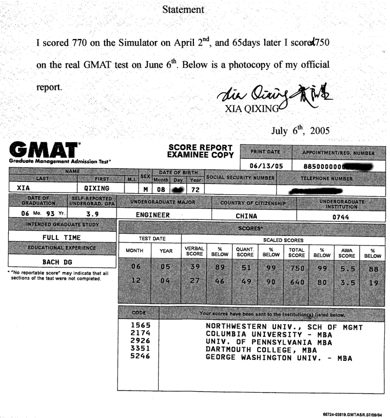 Xia Qi Xing's GMAT score and testimonial